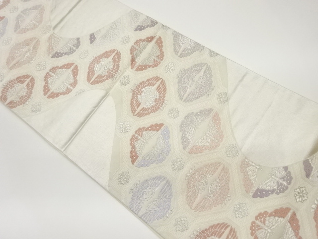 曲線に蜀江文・向かい蝶・鶴模様織出し袋帯